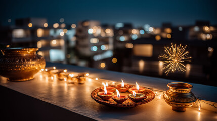 Traditional Diyas and Brass Pots on Balcony During Diwali Festival – City View with Fireworks and Decorative Lights