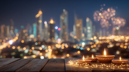 Diwali Diyas Glowing on Wooden Surface with City Skyline and Fireworks – Festival of Lights Celebrated with Urban Radiance