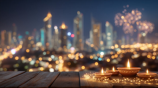 Diwali Diyas Glowing on Wooden Surface with City Skyline and Fireworks – Festival of Lights Celebrated with Urban Radiance