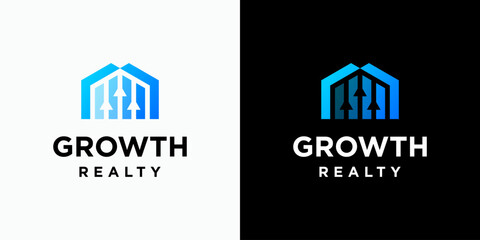 Vector logo design of house and arrow shape growth chart with modern, simple, clean and abstract style. Icons for business, finance, real estate and personal branding.