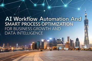 AI Workflow Automation and Smart Process Optimization for Business Growth Data Intelligence over Cityscape at Night