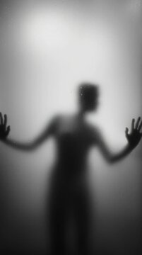 Silhouette of person behind frosted glass with hands raised, black and white horror concept, mysterious and eerie mood, ideal for thriller, Halloween, or suspense themes