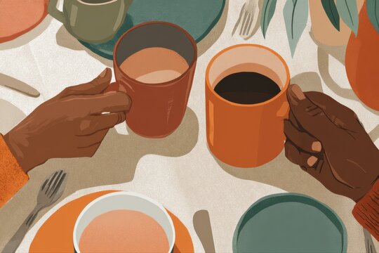 A group of people sitting around a table, holding coffee cups and clinking them together in a relaxed morning atmosphere.
