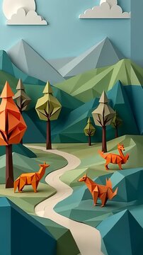 Paper Landscape Animation with Origami Foxes and Low Poly Mountain Scenery Background