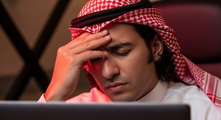 A stressed man in traditional Middle Eastern attire sits at his desk, hand on his forehead, appearing overwhelmed by work or personal issues.