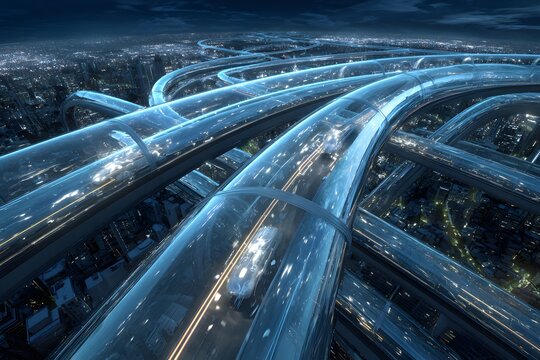 Futuristic transportation network of high-speed hyperloop tubes over a city at night, concept of a smart city and innovative public transit

