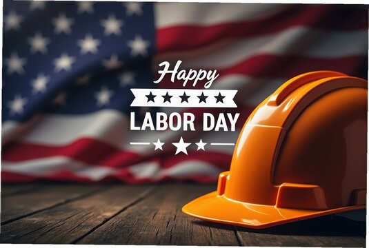 Happy labor day with american flag and hard hat