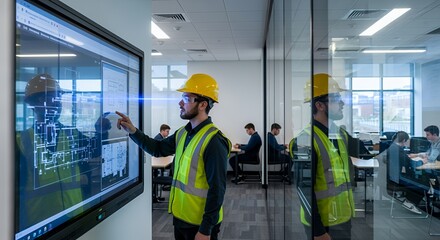 A construction worker uses a large interactive touchscreen display to review architectural plans in a modern setting.