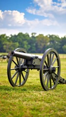 Antique cannon on grassy field, under a partly cloudy sky