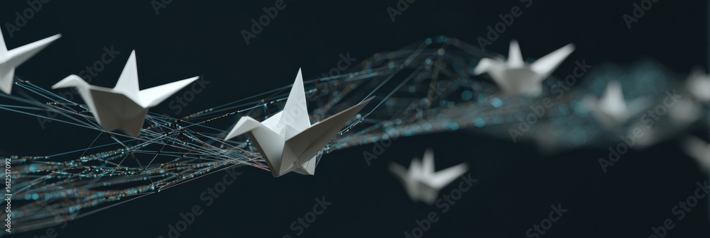 Poster origami birds transform into digital code as they follow a curved flight path in a dark environment 