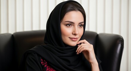 A thoughtful young woman in a black hijab sits pensively on a black leather chair, lost in contemplation.