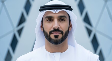 A man in traditional Middle Eastern attire gazes directly at the camera, his expression serious and composed against a blurred geometric background.