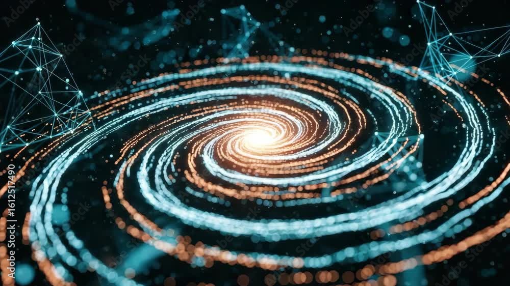 Poster a mesmerizing digital representation of a swirling galaxy showcasing vibrant blue and orange lights 
