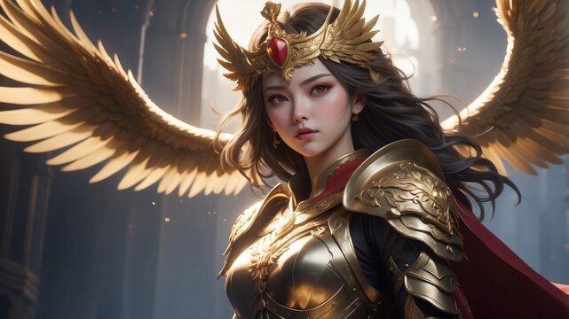 Powerful female warrior angel in golden armor and winged crown