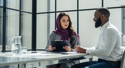 A man and woman in professional attire review documents together during a business meeting in a modern .