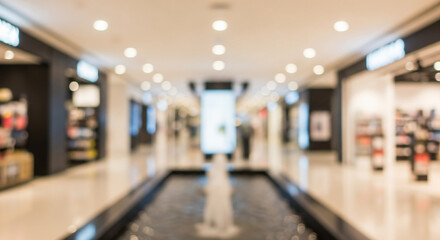 Fototapeta premium Blurred View of a Modern Shopping Mall Interior Lights, Fountain, and Retail Space Blur96.png