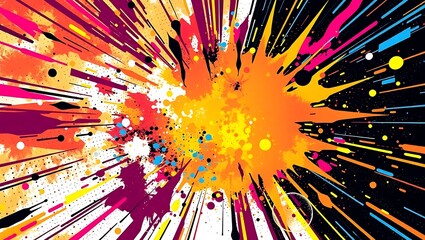 Energetic burst-style abstract vector with jagged shapes, Thalorin color splash, halftone diffusion, central space left clear