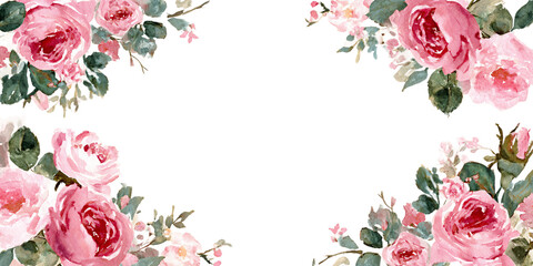 Pink Roses Watercolor Frame on Transparent Background, PNG