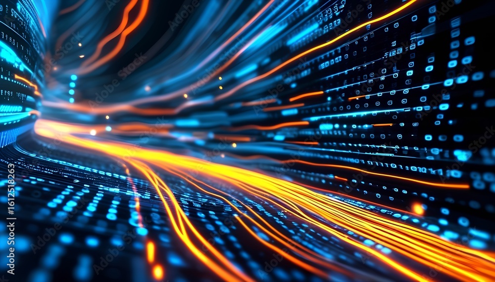 Poster dynamic data flow visualization digital realm abstract art futuristic environment close-up view tech