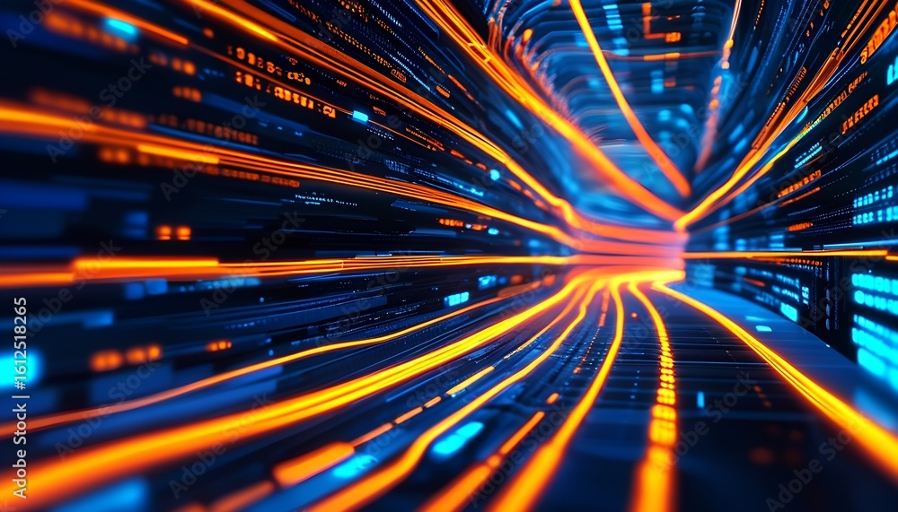 Poster dynamic data stream visualization digital space abstract art futuristic environment wide-angle view 