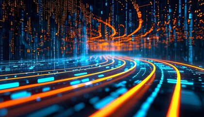 Dynamic data flow digital environment visual content futuristic perspective networking connections in technology