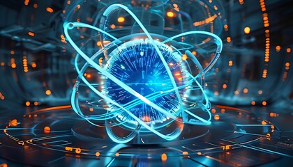 Dynamic atomic visualization advanced technology lab digital art futuristic environment close-up view science concept