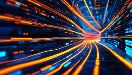 Dynamic data stream visualization digital space abstract art futuristic environment wide-angle view conceptual design