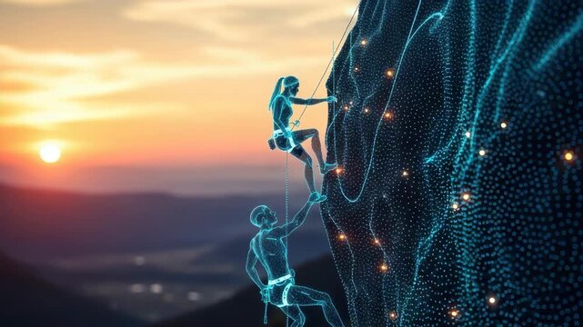 Two climbers ascend a digital rock face illuminated by a sunset showcasing a blend of nature and technology in a stunning mountainous landscape