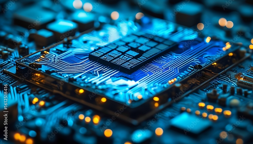 Poster exploring advanced technology microchip innovation in a high-tech environment close-up perspective o