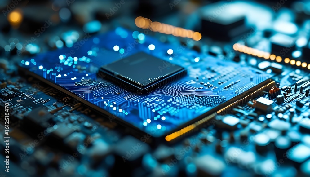 Poster exploring advanced technology digital circuit board close-up electronic environment macro viewpoint 