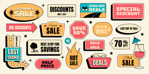 Retro summer sale sticker set with promo quotes, motel signs, discount labels, tropical drinks, arrows, bold promo icons and more elements. Vector illustration isolated in vintage colorful style