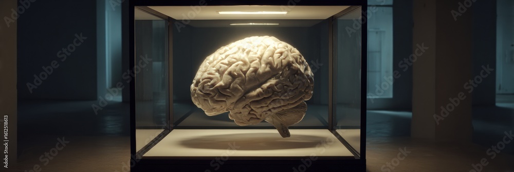 Poster light ray illuminating brain model in studio setting with calm ambiance and minimalistic background