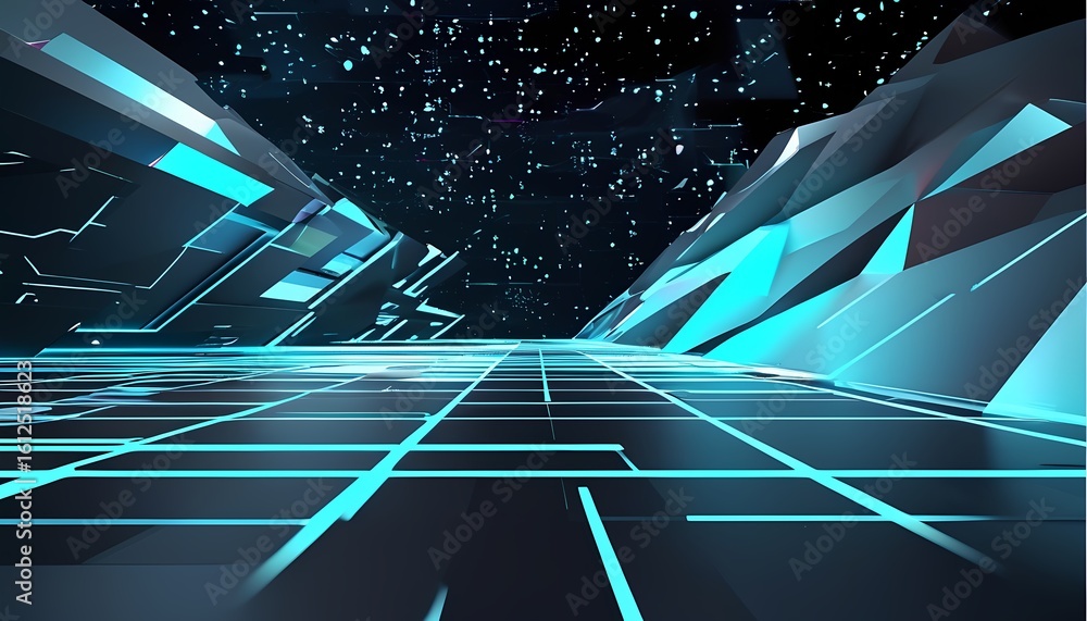 Poster futuristic computer graphics showcase digital landscape virtual environment perspective view technol