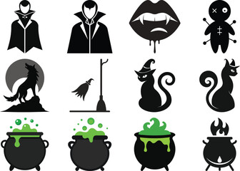 Vector art of a variety of halloween symbols featuring vampires, witches, cats, cauldrons, and a howling wolf isolated on transparent background