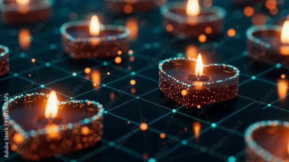 Poster a mesmerizing arrangement of heart-shaped candles glowing softly against a dark grid-patterned surfa
