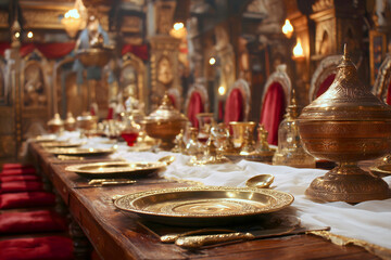 Opulent Middle Eastern Dining Table with Gilded Plates and Ornate Decor
