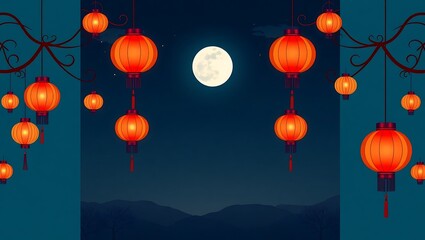 Elegant vector background with moonlit sky, hanging lanterns, and a central blank area, blue-black color scheme, Mid-Autumn Festival theme