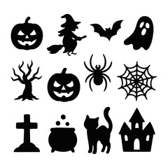 Obraz premium Vector art of halloween icons collection pumpkin, witch, bat, ghost, tree, spider, cat