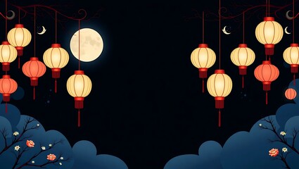 Elegant vector background with moonlit sky, hanging lanterns, and a central blank area, blue-black color scheme, Mid-Autumn Festival theme