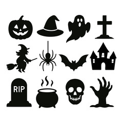 Vector art of halloween icons pumpkin, witch, ghost, spider, bat, skull, and more