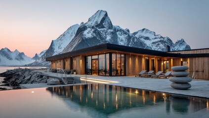 Fototapeta premium Serene hotel overlooking mountain range