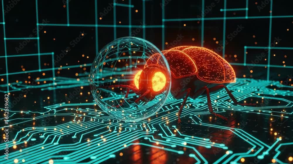 Poster a futuristic robotic beetle navigating a digital circuit board surrounded by glowing particles symbo