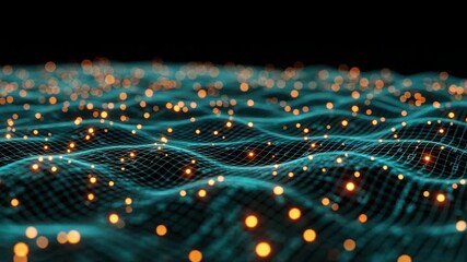 A stunning visualization of a digital landscape featuring glowing particles and flowing waves in a dark environment representing data connectivity and technology - Powered by Adobe