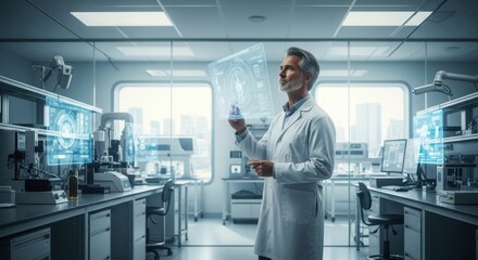 Scientist examines futuristic holographic data in a modern laboratory setting
