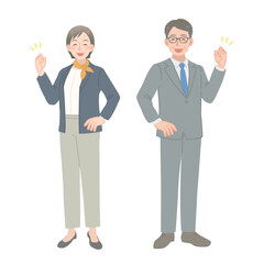 笑顔でガッツポーズをする中年ビジネスマンの男女