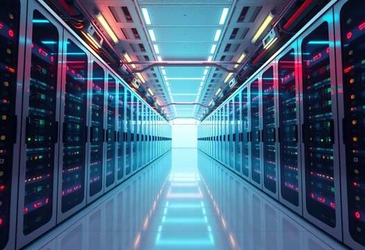Futuristic data center with energy efficient servers, blockchain secured, transmission, system - Powered by Adobe