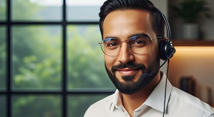 A friendly customer service representative smiles warmly while wearing a headset and glasses, providing excellent support.