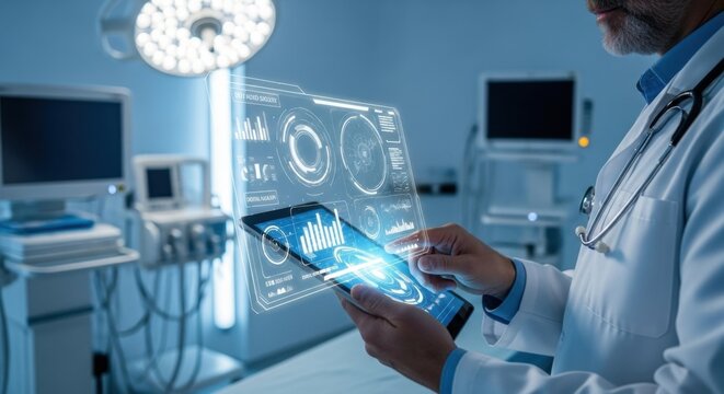 Doctor Analyzing Medical Data on Futuristic Holographic Display in Operating Room