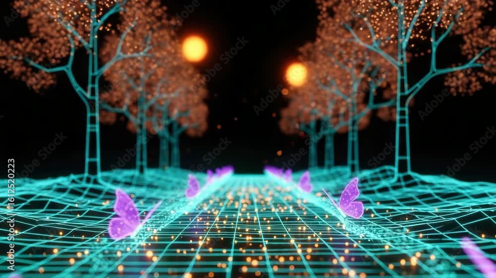 Poster a vibrant digital landscape featuring glowing trees and butterflies along a neon grid pathway with a
