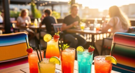 Vibrant Summer Cocktails on a Patio with People Enjoying the Sunset